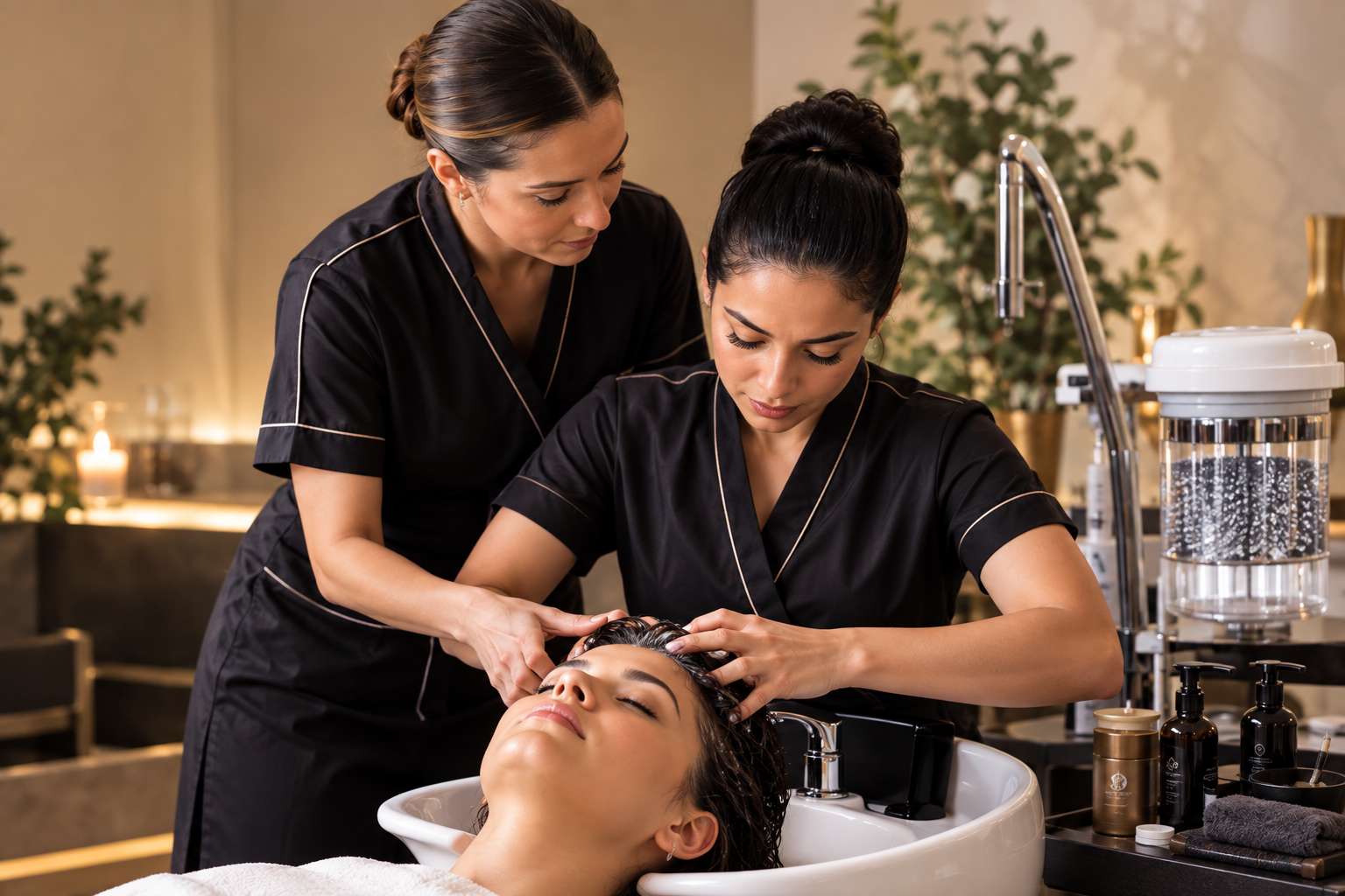 Lunè Luxe therapists learning a head spa massage ritual