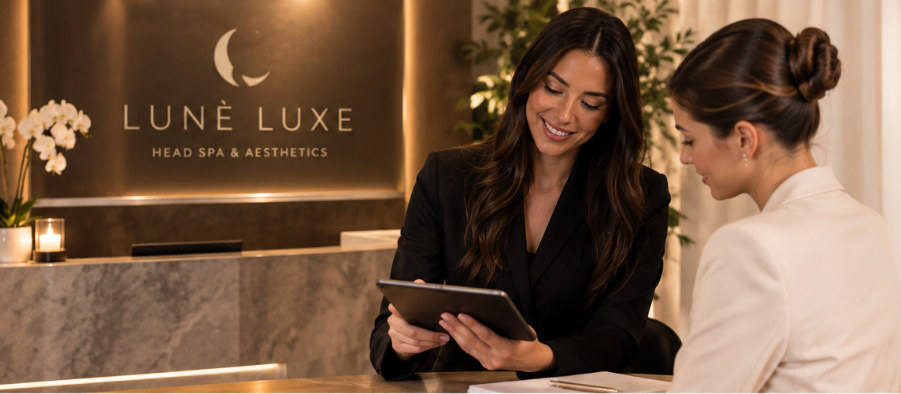 A Lunè Luxe franchise consultation at the reception desk