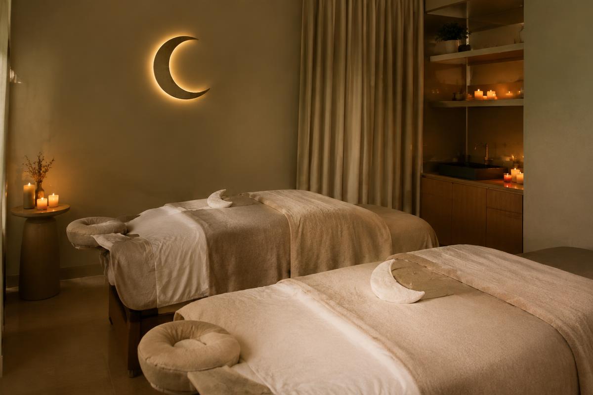 Twin head spa beds beneath the Lunè Luxe moon sign